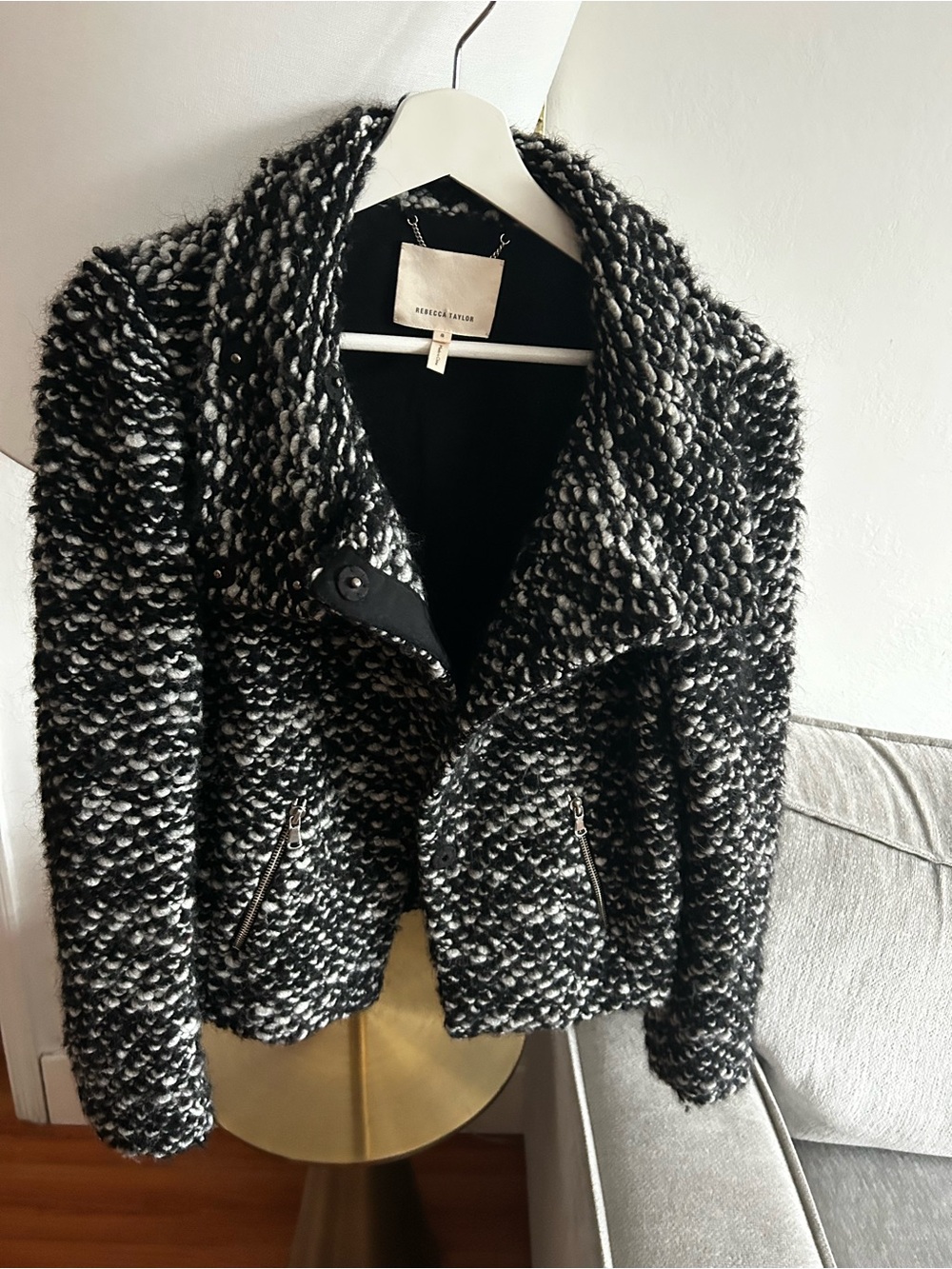 Rebecca Taylor  Tweed Moto Jacket Black White Sz 8